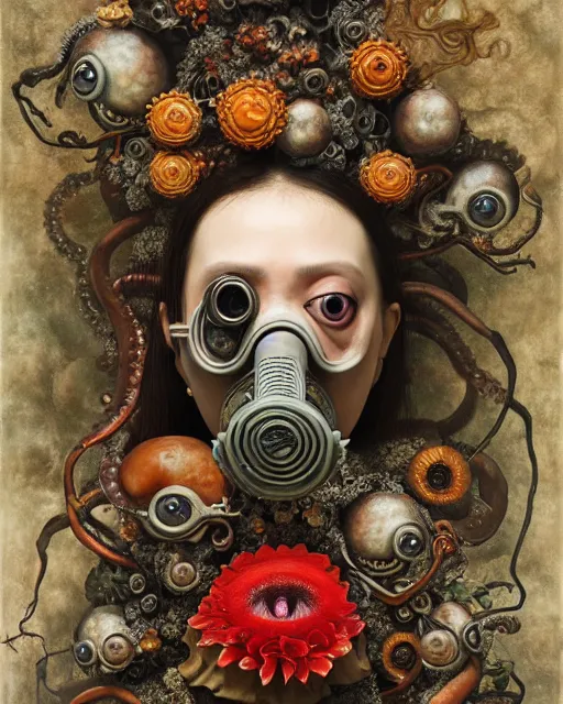 Image similar to a biomorphic portrait with with large eyes, expressive, wearing a botanical gas mask, baroque painting by ayami kojima, mark ryden, arcimboldo, cephalopod, mixed media 3 d collage, focus on head, soft light, 4 k, octane high quality render