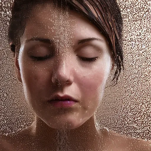 Prompt: a woman with short brown hair, contemplating the advent of ai in the shower. realistic photograph.