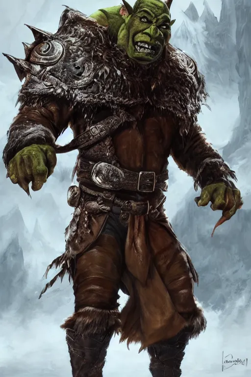 Image similar to A full body shot of a handsome orc looking into the camera wearing a leather fur jacket and boots, full body shot, detailed face, portrait, artstation, realistic, highly detailed, symmetrical, D&D, Dungeons & Dragons, hyper realistic, dynamic pose, high detail, octane render, unreal engine, 8k, fantasy art, highly detailed, concept art