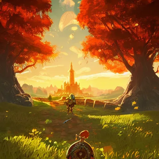 Image similar to a hyperrealistic digital matte painting of a verdant fantasy countryside, breath of the wild, hyrule, inspired by cyril rolando, david wiesner, many golden layers, orange color tone, very far royal steampunk castle, cgsociety, highly detailed, trending on artstation, azure sky