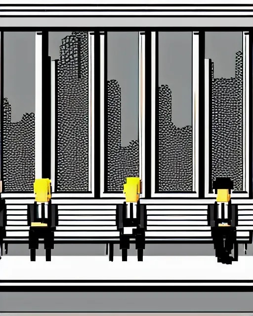 Image similar to three men in suits sitting on a bench, pixel art by hiroshi nagai and by guy billout and by philippe bouchet, cg society, pixel art, 2 d game art, # pixelart, ps 1 graphics