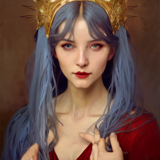 Image similar to oil painting of a priestess white haired women, cameraflash portrait by ilya kuvshinov, artgerm, alphonse mucha, and greg rutkowski, wearing blue coat, red makeup, wind mage, casting a spell, fantasy artwork, fantastic artwork, 4 k, trending on artstation