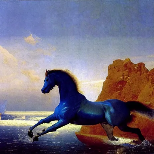 Prompt: a chrome horse running in flowing sheets of cobalt blue gold chrome tpu silver satin, by moebius syd mead roger dean wojciech siudmak donato giancola yoshitaka amano ivan aivazovsky jan de heem pieter claesz paul delaroche alma tadema aelbert cuyp, hyperrealistic volumetric light render