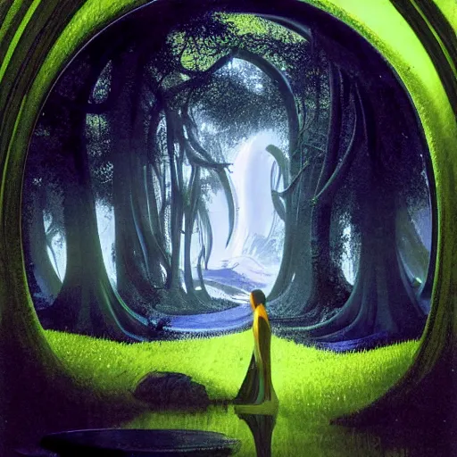 Image similar to portal in a middle of a lush futuristic forest, alien world seen through a portal, person in a cloak standing in front of a portal, syd mead, john harris