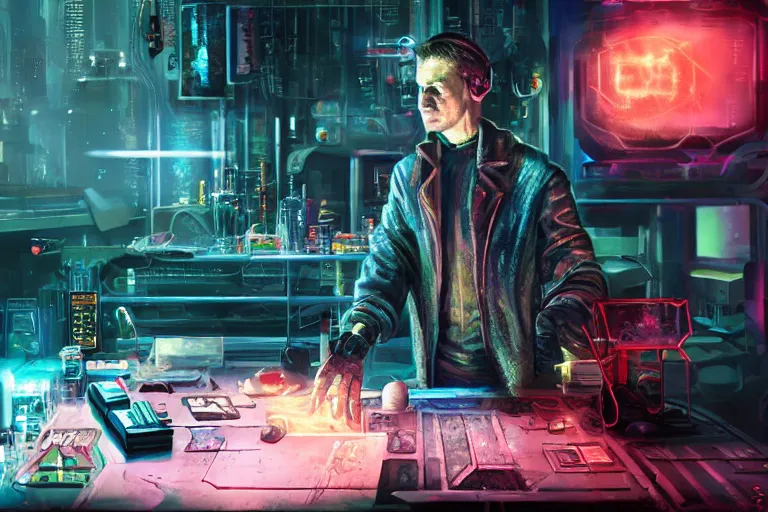 Prompt: cinematic cyberpunk mage in his lab by Michael Bay