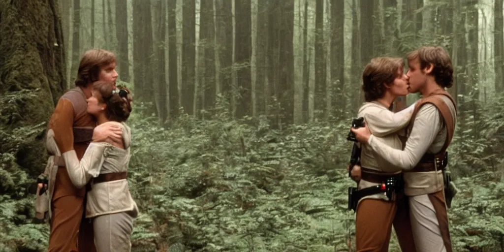 Image similar to luke skywalker, princess leia and han solo hugging and kissing in the forest of endor at the end of return of the jedi