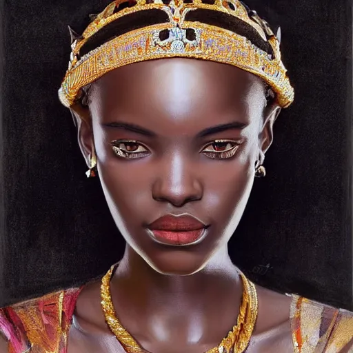 Prompt: A masterpiece portrait of a Incredibly beautiful African girl model in European royal barocco clothes. With big rich jewelry. In Queen\'s crown. Vogue. trending on artstation, digital art, by Stanley Artgerm Lau, WLOP, Rossdraws, James Jean, Andrei Riabovitchev, Marc Simonetti, Yoshitaka Amano