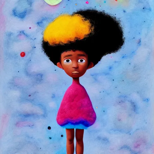 Image similar to a black girl with a colorful afro and rainbow eyes dressed like an astronaut, bright colours, watercolor, volumetric wool felting, macro photography, children illustration, by goro fujita