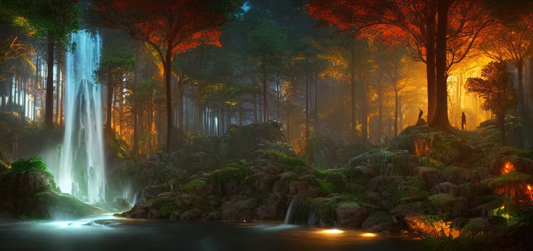 Prompt: beautiful view of a nighttime forest waterfall, caustics, symmetrical, unreal engine, dramatic lighting, ultra detailed, sharp, ambient occlusion, slight bloom, illumination, raytracing, vibrant, vivid colors, picturesque, by noah bradley and jordan grimmer