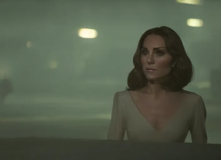 Image similar to a pov shot, color cinema film still kate middleton in blade runner 2 0 4 9, cinematic lighting at night.