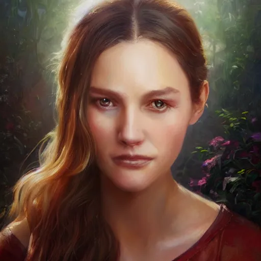 Image similar to portrait of a australian woman ( 3 5 ) from australia in 2 0 2 1, an oil painting by ross tran and thomas kincade