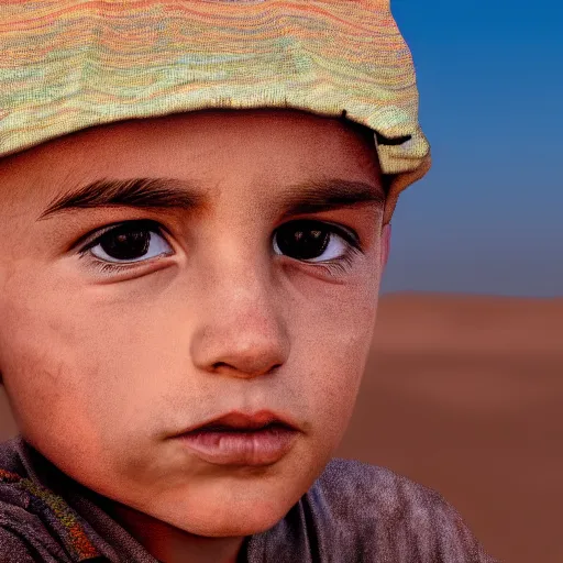 Image similar to a detailed portrait of a boy in the desert, art illustration, incredibly highly detailed and realistic, 8 k, sharp focus