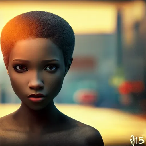 Image similar to stunning, coherent, impressive, detailed still of black girl with short blonde hair, follow shot, 3d, in the style of pixar, comic book style, 3d, highly detailed, sharp focus, bokeh, depth of field, 16k resolution, Unreal Engine 5, coherent, cinematic lighting, photorealistic, by Zhang Jingna