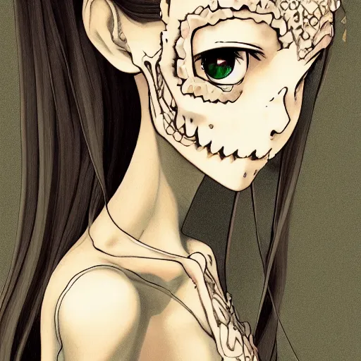 Prompt: manga fine details portrait of joyful skull girl, floeers in hair, Lizz Truss, skeleton. anime masterpiece by Studio Ghibli. 8k render, sharp high quality anime illustration in style of Ghibli, artstation