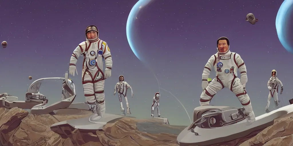 Image similar to a portrait of stallone and van damm pilots in spacesuit on roof over field forrest spaceship station landing laying lake artillery outer worlds in FANTASTIC PLANET La planète sauvage animation by René Laloux