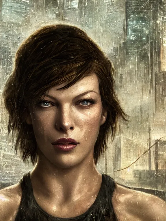 Image similar to portrait of Milla Jovovich from Resident Evil in the wreckage city in the rain,by tom bagshaw,Cedric Peyravernay,,James Paick,Ted Nasmith, peter gric,Hugh Ferriss,trending on artstation,8k,Blade Runner 2049,ultra realistic,high detail,golden ratio,cinematic lighting,maximalist