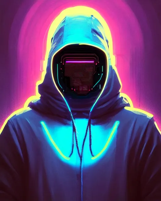 Image similar to cyberpunk synth, hyper - realistic portrait of a man in a hoodie with detailed neon mask, cyberpunk, by atey ghailan, by greg rutkowski, by greg tocchini, by james gilleard, by joe fenton, by kaethe butcher, dynamic lighting, gradient light blue, brown, cinematic lighting color scheme, sharp focus, grunge aesthetic