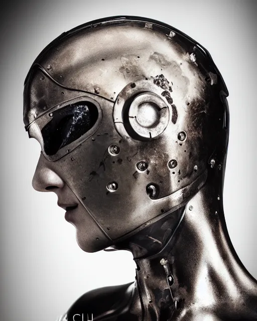 Image similar to realistic photo portrait of a metal hero woman with human head, studio lighting, 1 5 0 mm