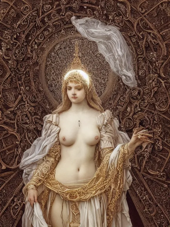 Image similar to a beautiful render of baroque catholic veiled the white queen sculpture with symmetry intricate detailed,by Lawrence Alma-Tadema, peter gric,aaron horkey,Billelis,trending on pinterest,hyperreal,jewelry,gold,intricate,maximalist,golden ratio,cinematic lighting