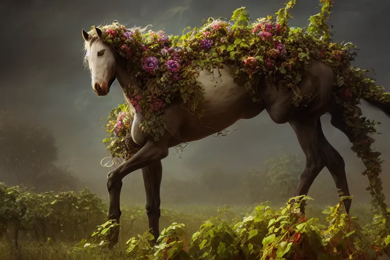 Image similar to a stunning horse with a mane of vines and flowers by greg rutkowski, high key lighting, volumetric light, digital art, highly detailed, fine detail, intricate, ornate, complex, octane render, unreal engine, photorealistic