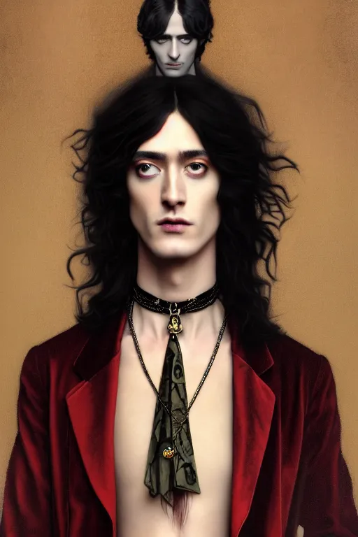 Image similar to a beautiful androgynous man, long hair, tall and thin, dressed in velvet, rock star, young jimmy page, wearing several pendants and a choker, illustration, dramatic lighting, soft details, painting, art nouveau, octane render, 8 k, hd, by edmund blair leighton, brom, charlie bowater, faces by otto schmidt