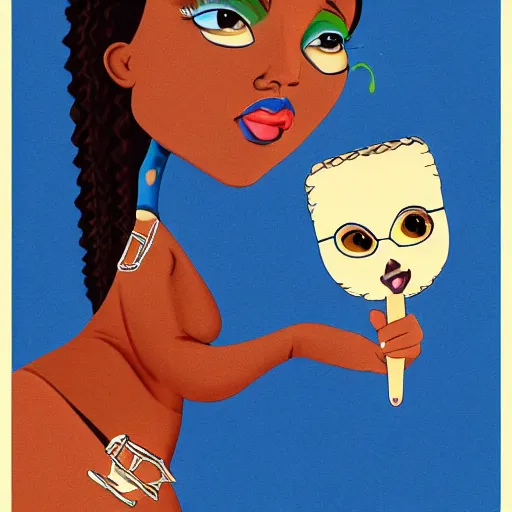 Prompt: Cartoon caricature of Doja Cat with a spoon in her hand