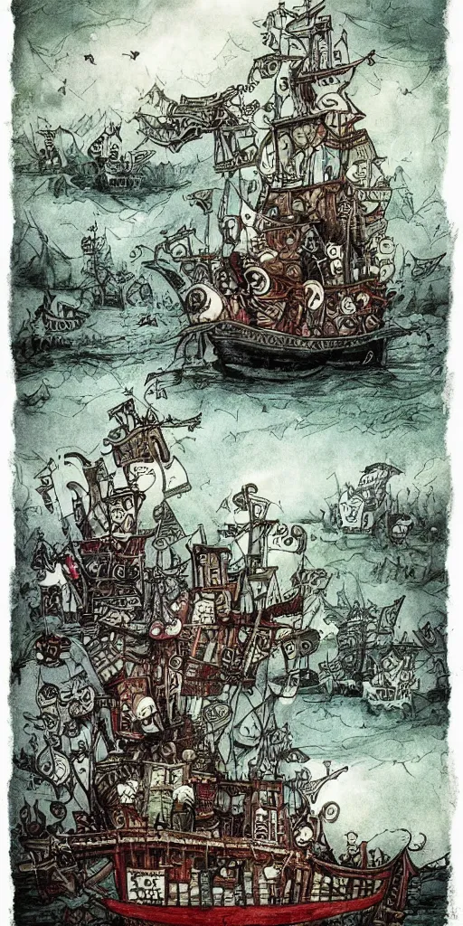 Prompt: a pirate ship scene by alexander jansson and where's waldo