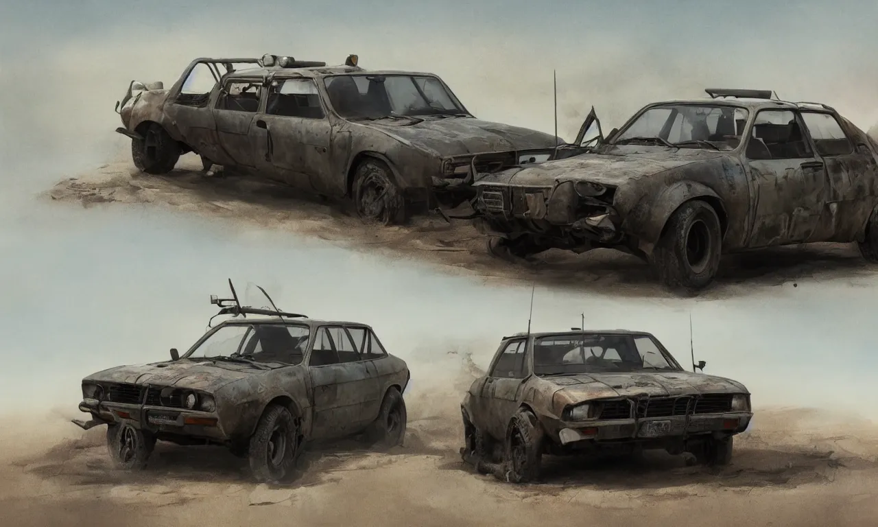 Prompt: a single Dacia 1310 in Mad Max, artstation, concept art