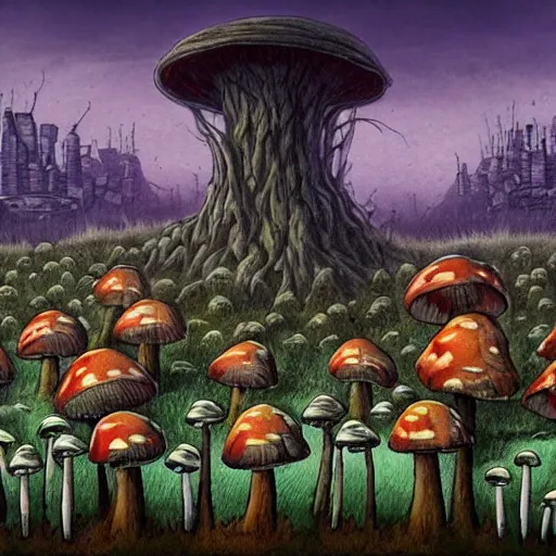 Image similar to a nightmarish creature looming over a city on the horizon, a mushroom forest