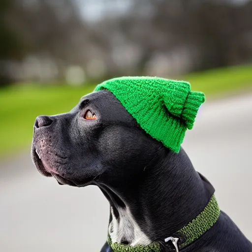 Prompt: American Staffordshire terrier wearing a green sweater, 8k