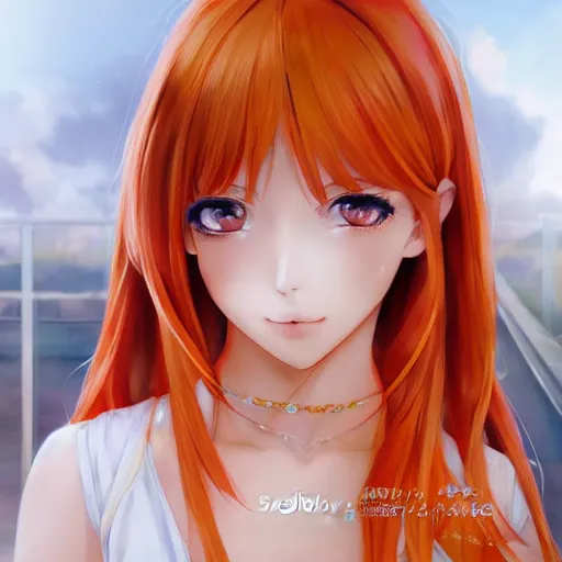 Image similar to luxury advertisement, astonishing portrait of a very beautiful anime high-school girl with light orange hair twintails, white ribbon, full perfect face, realistic, highly detailed background, artstation, 120 degree view, drawn by Sasoura, Satchely and Akihiko Yoshida, no distortion