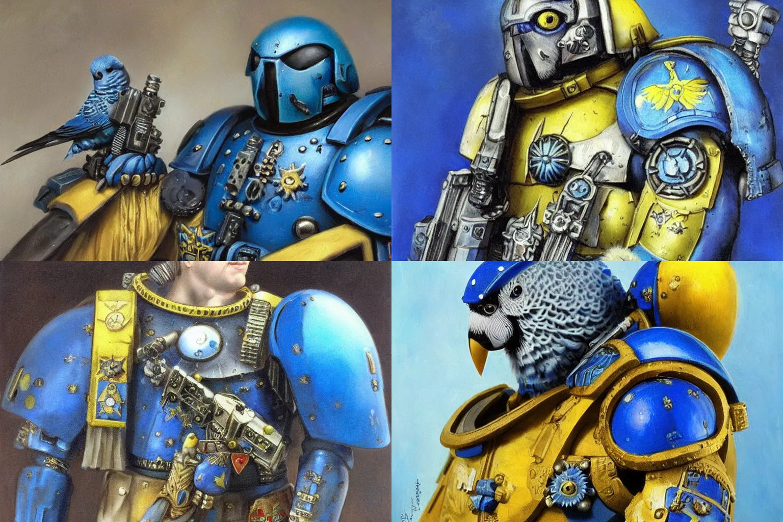 Prompt: a portrait of a blue Budgie as a Space Marine from the Warhammer 40k, ultramarine space marine Budgie, blue armor, glorious, masterpiece painting portrait of by Rembrandt of a Budgie as a Warhammer 40k Space Marine , Budgie as a Space Marine from Warhammer 40k