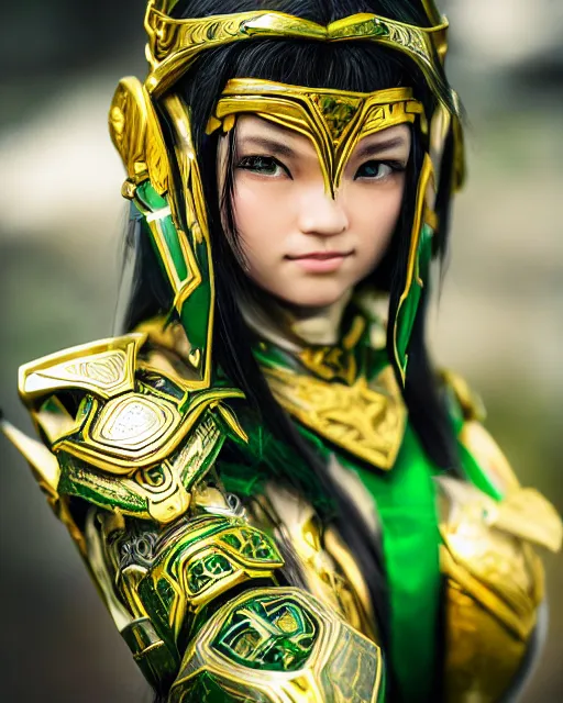 Image similar to a beautiful close up photo of a female Asian elf ranger with long hair and green eyes, no helmet, wearing green and gold futuristic mecha armor, with ornate rune carvings and glowing lining, very detailed, shot in canon 50mm f/1.2