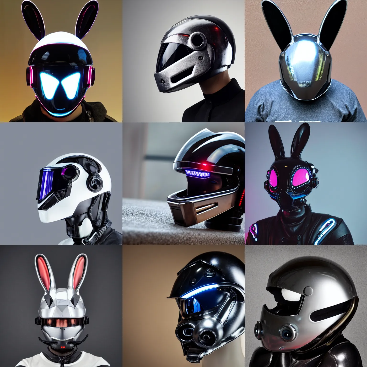 Prompt: highres photo of a motorcycle helmet, cyberpunk, robotic futuristic rabbit themed helmet, sony produced, techwear, chrome, cyber, bunny, very long, large ears, aesthetic, helmet, rabbit, rabbit shaped helmet, cybernetic, cyberpunk, designed by