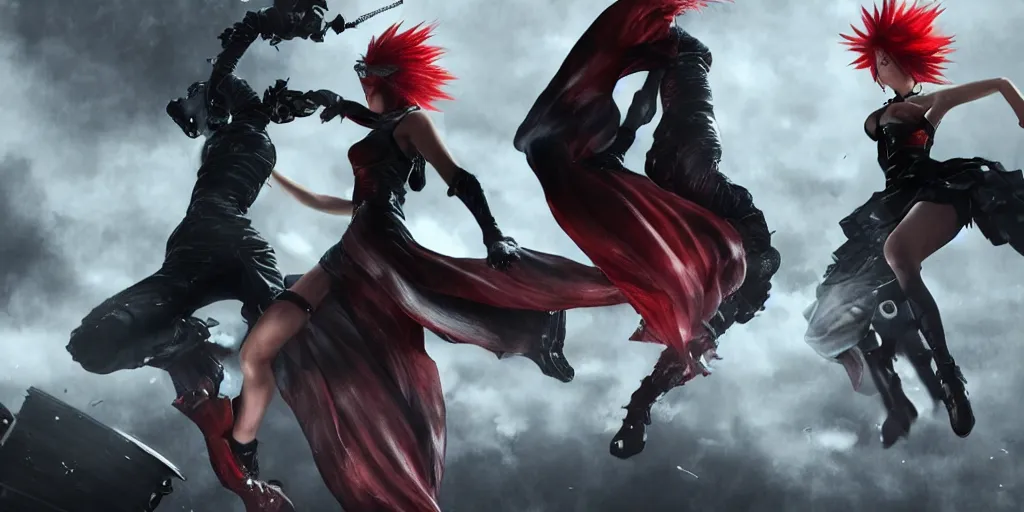 Prompt: epic scene of ( most gorgeous final fantasy 7 character hyper detail in amazing detail red dress, hyper detail expressive face, detail ) ( fighting ) ( catwoman in a black tank top, detailed face ), hyper realistic 3 d render, art station, particles, epic scene, mucha, clouds, jump pose, blur focus, action,