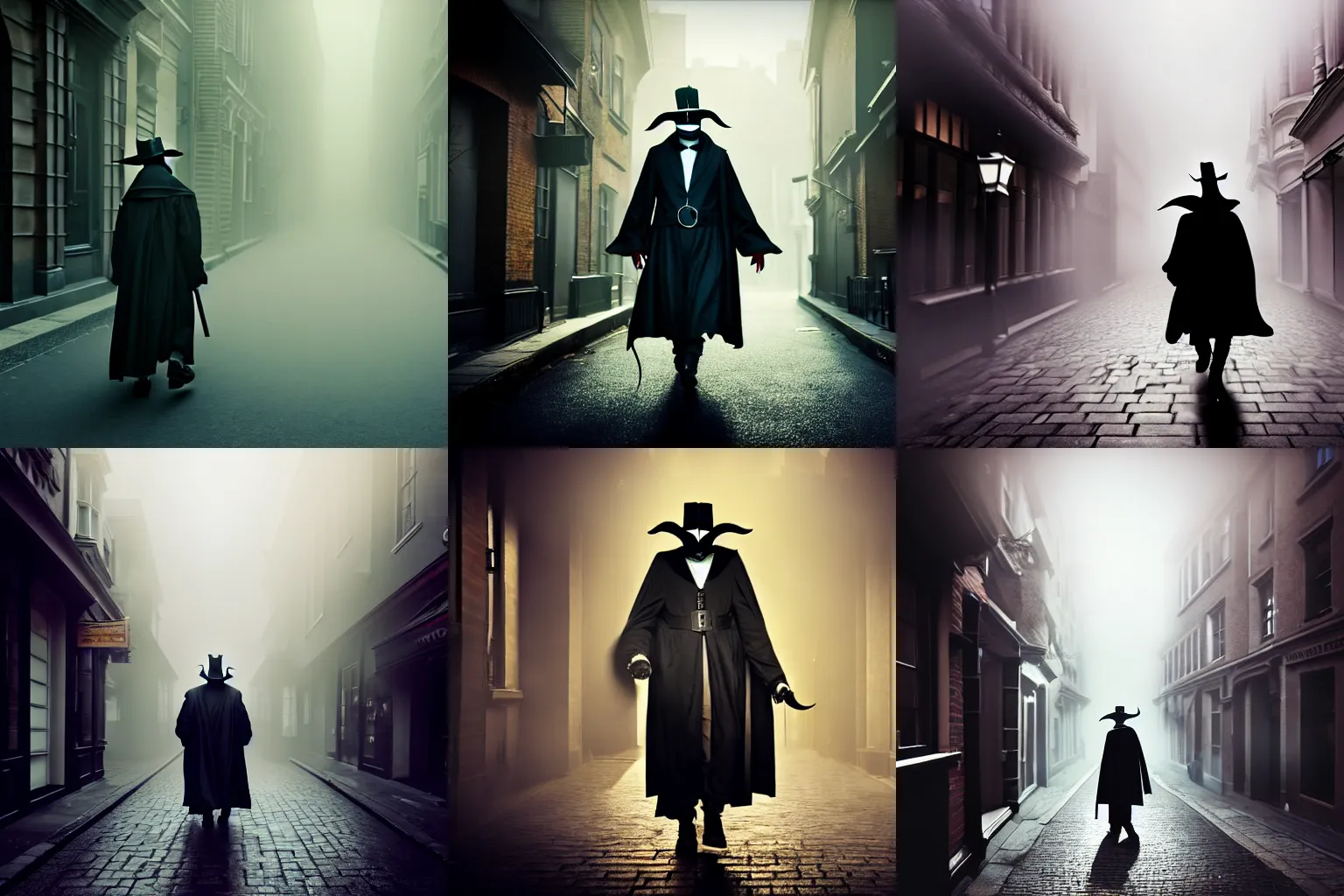 Prompt: a photography of man wearing plague doctor clothes walks through a Victorian city, trending in artstation, photo-realistic, dramatic light, bokeh effect, volumetric fog, detailed