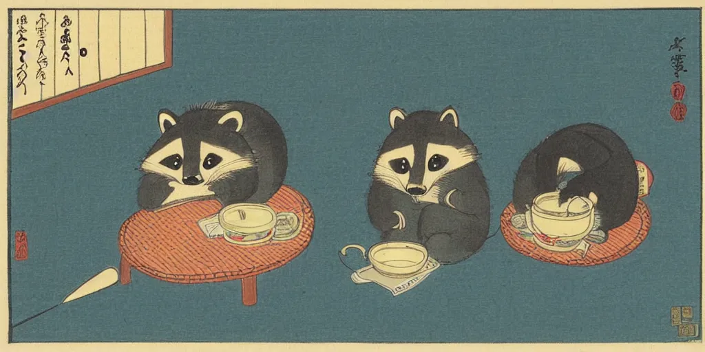 Image similar to little raccoon sitting by a cozy fireplace with a cup of tea. warm color temperature. ukiyo - e,