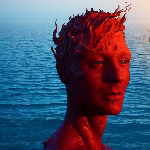 Image similar to a sculpture made of flame in the shape of a human head, on the ocean water, water manipulation photoshop, cgsociety, cinematic, in the style of johnson tsang, long shot, hyper detailed, hyper realistic, ray tracing, 8 k resolution, sharp focus, realistic water, award winning