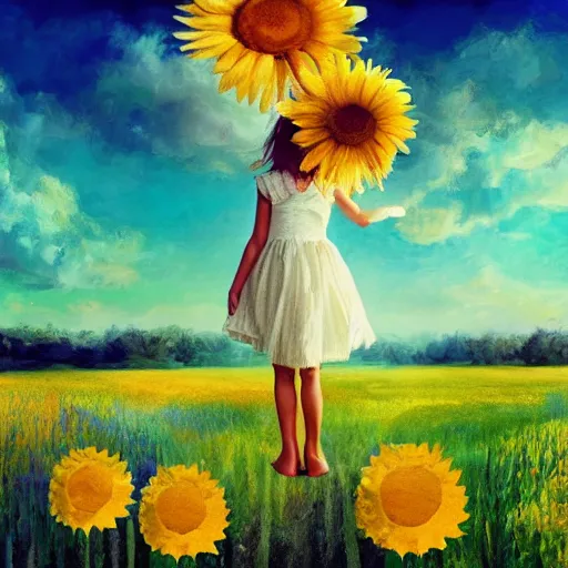 Prompt: head made of giant daisies, girl standing barefoot in a flower field, arms behind back, surreal photography, sunrise dramatic light, impressionist painting, colorful clouds, large sky, digital painting, artstation, simon stalenhag, flower face