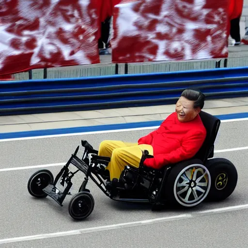 Prompt: xi jinping in a wheelchair racing formula 1 track