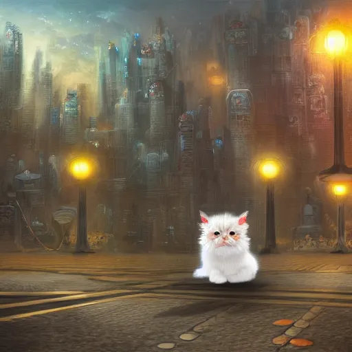 Image similar to a persian cat in a robot city, highly detailed, digital painting, sharp focus, fantasy art