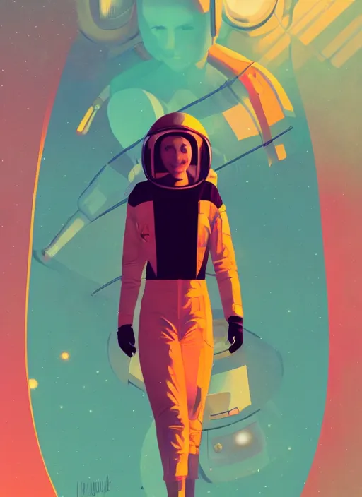 Image similar to illustration of the first female astronaut to reach and explore far off alien planet, retro futurism 1 9 5 0 s, half portrait by stanley artgerm, dramatic lighting, ilya kuvshinov, trending on artstation, flat colour, geometric curves, gradient filter, pleasing tone colours, by conrad roset