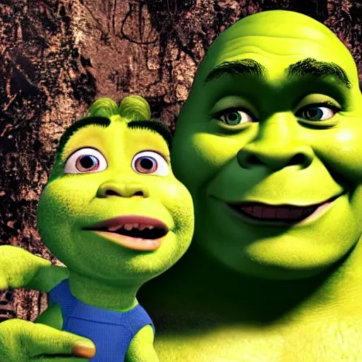 Image similar to shrek surprised big mouth small eyes