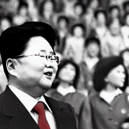 Image similar to Kim Jong-il in a vast field, monster movie filmstill, underexposed cinemascope