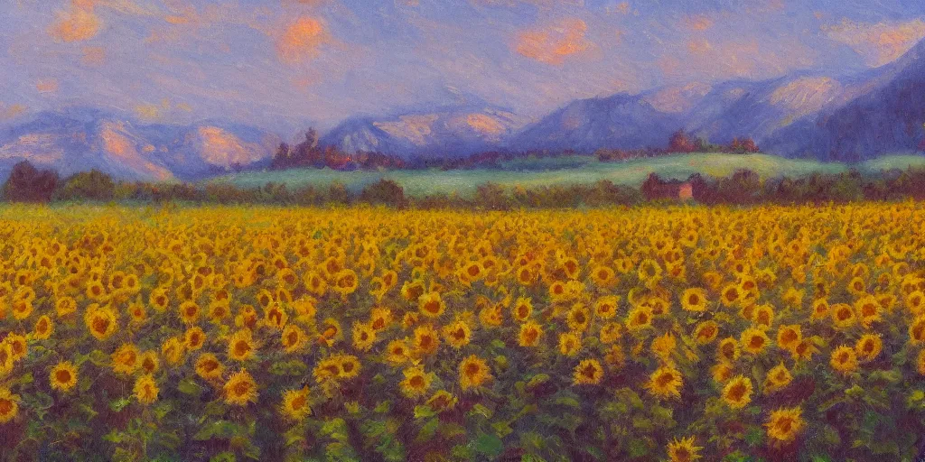 Prompt: impressionism painting of a field of sunflower on a foggy morning, red barn in distance, sun low on horizon through snow capped mountains