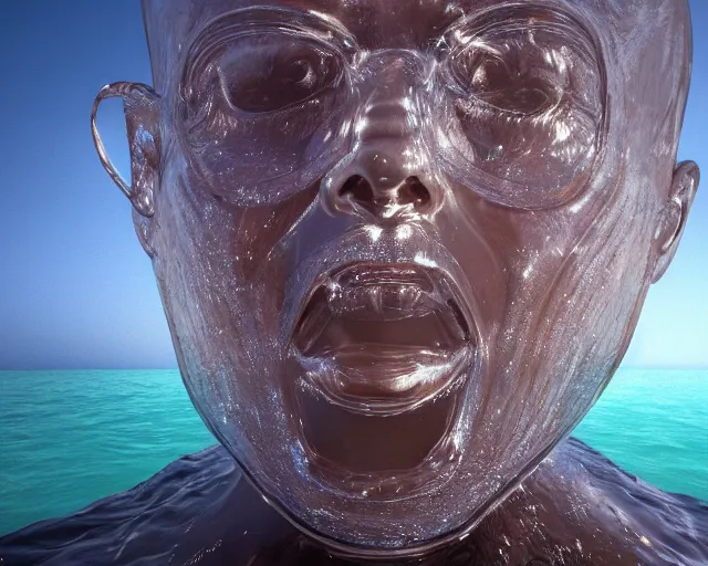 Image similar to a long shot of a giant award winning sculpture of a human head made out transparent jelly, on the surface of the ocean, in the style of chad knight, hyper detailed, hyper realistic, ray tracing, 8 k resolution, sharp focus, realistic water