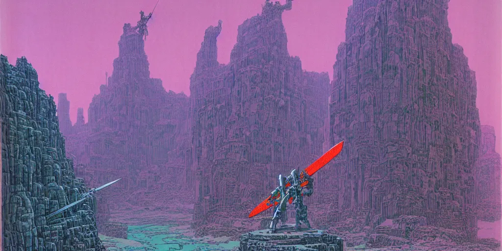 Image similar to grainy risograph matte painting of gigantic huge mech with huge swords, pastel matte colors, staying in the toxic canyon, filled with exotic animals on tall legs, by moebius, hyperrealism, intricate detailed