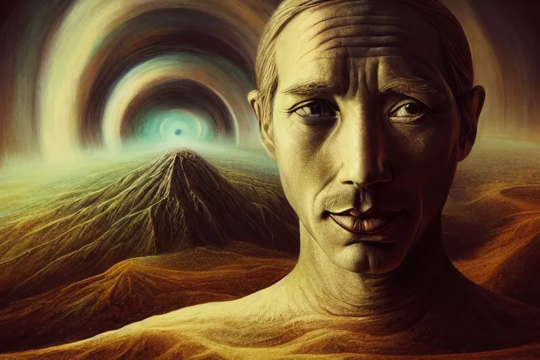 Image similar to surreal Portrait of The God who made the world and everything in it who is the Lord of heaven and earth and does not live in temples built by hands in dmt chromatic surreal liquid enviroment , elegant, highly detailed, smooth, photoreal, sharp focus, illustration, beautiful, geometric, dmt trending on artstation, cinematic, artwork by WLOP