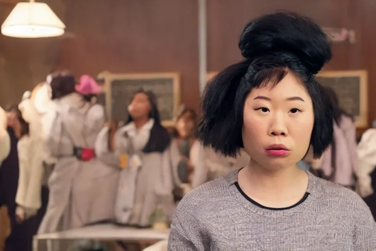 Image similar to awkwafina as an exaggerated caricature of a black woman in the new movie directed by jason friedberg and aaron seltzer, movie still frame, promotional image, critically condemned, top 6 worst movie ever imdb list, symmetrical shot, idiosyncratic, relentlessly detailed, limited colour palette