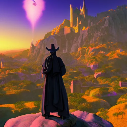 Image similar to a magical wizard in front of a big and structured landscape of a big and structured fantasy kingdom city by Maxfield Parrish, digital art 8k, trending on artstation, anime, unreal engine